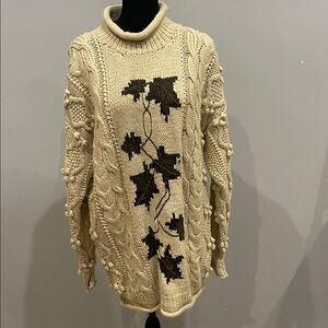 Women's Cream Cable Knit Sweater with Leaf Design long medium